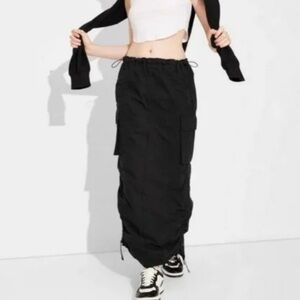 Black Ruched Gathered Cargo Maxi Skirt